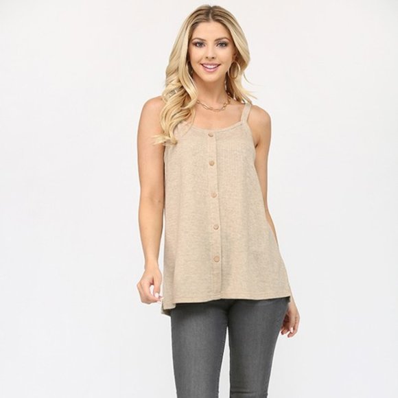 Gigio Oatmeal Ribbed Tank Top With Wood Button Detail - Picture 9 of 9